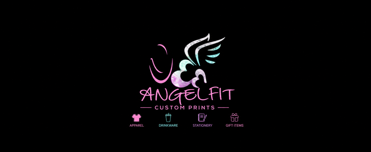Angelfit Custom Prints logo on a black background, featuring a stylized angel graphic in pink, purple, and white, with text below indicating apparel, homeware, stationery, and gift items.