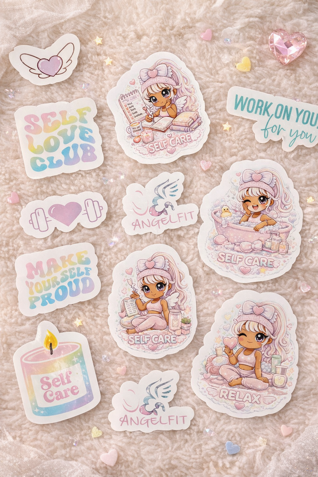 AngelFit Self Care Sticker Pack (13 Pack) | Cute Aesthetic Wellness Stickers