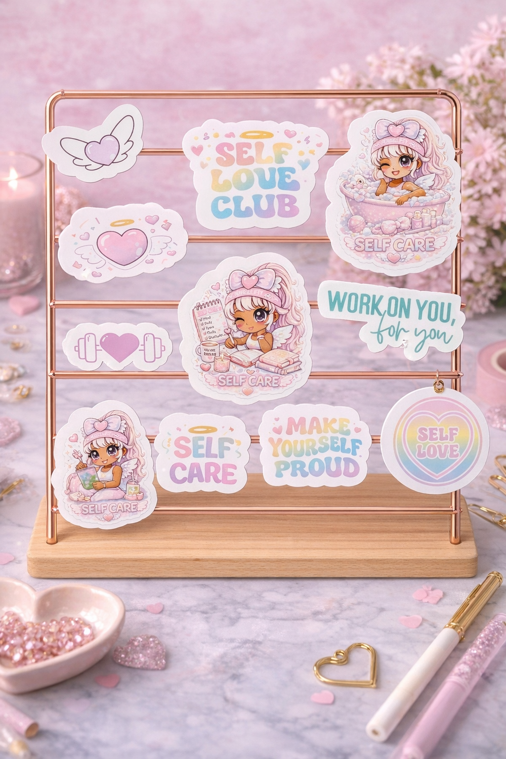 AngelFit Self Care Sticker Pack (13 Pack) | Cute Aesthetic Wellness Stickers