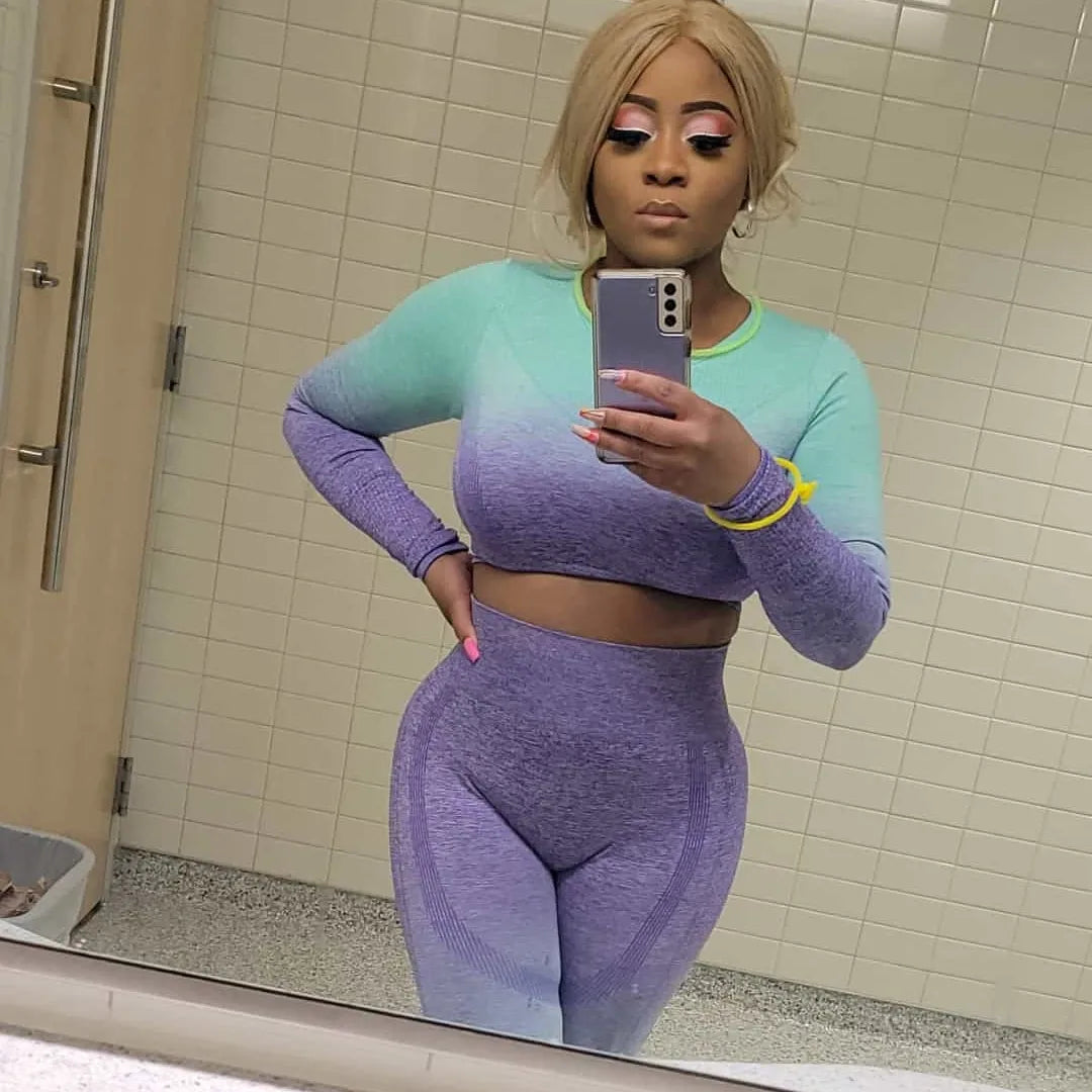 Ombre Long Sleeve Activewear Set for Women | Gym Workout Outfit